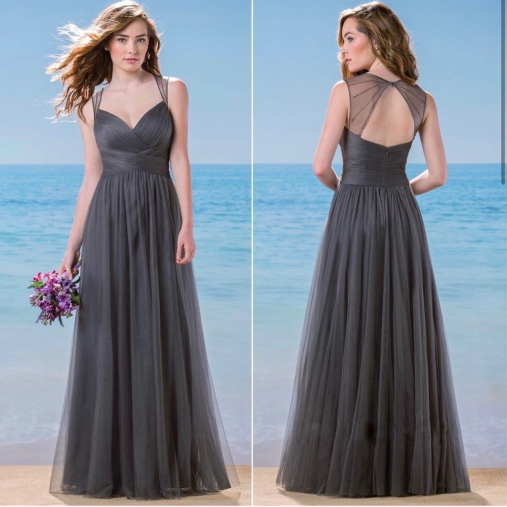 Belsoie by Jasmine Iron Gray Chiffon Tiffany Beaded Illusion Strap Dress